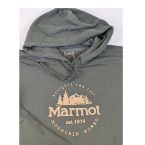 Marmot Mens Mountain Works Graphic Hoodie Green Sweatshirt Large Granola Cozy